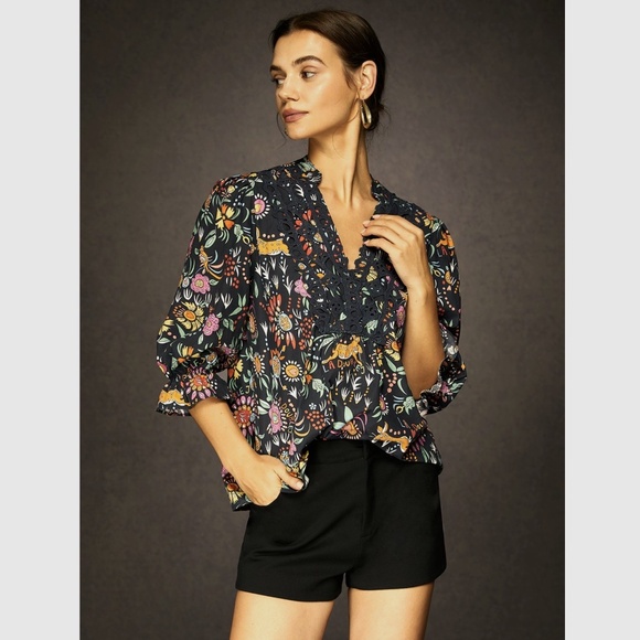 StyleWe, V-Neck Printed Floral Black Multicolored Blouse, Size L - Picture 3 of 7